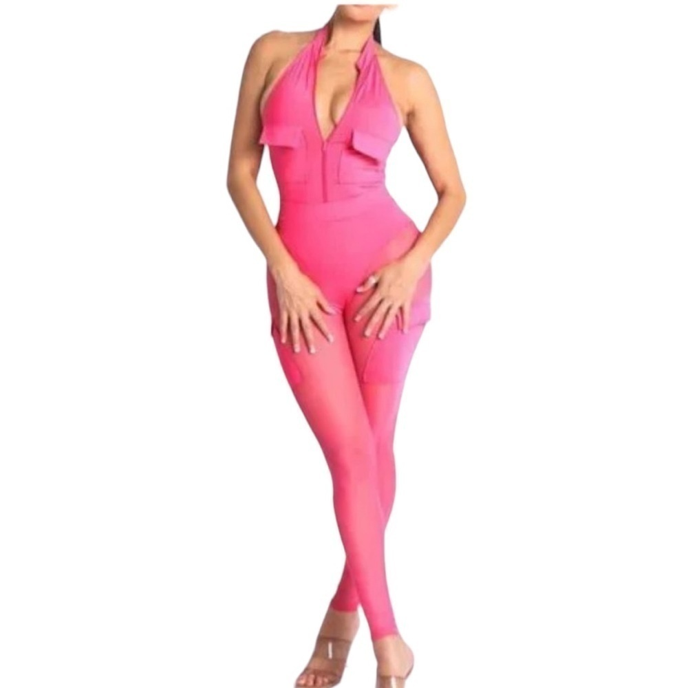 Pocket Detailed Halter Bodysuit Matching Mesh Contrast Leggings Set
New - Picture 2 of 6